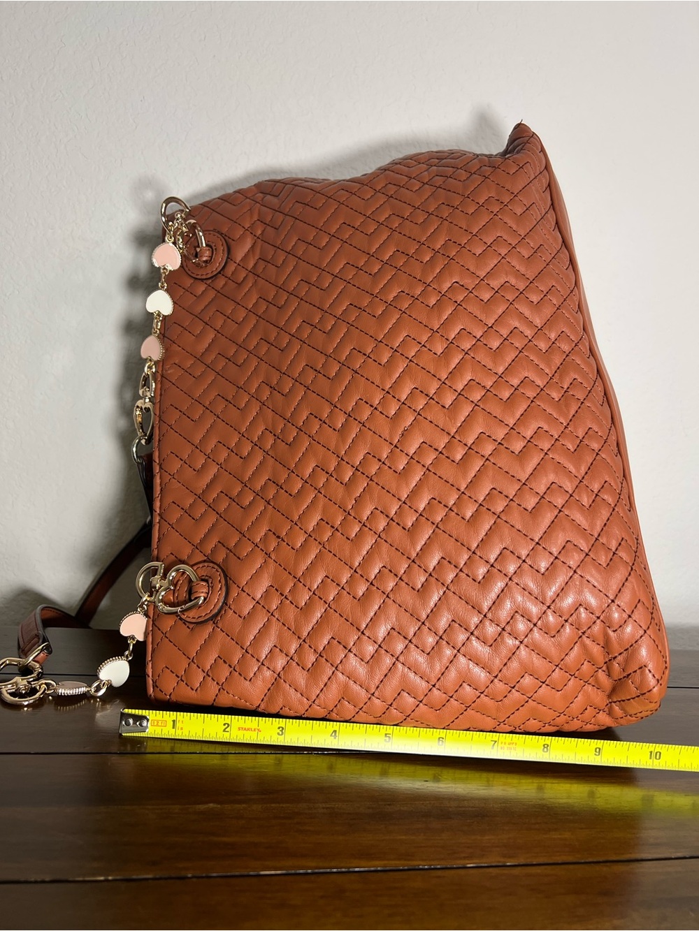 Anne Klein Quilted Cognac Leather Shoulder Bag with Heart Chain - Picture 7 of 9